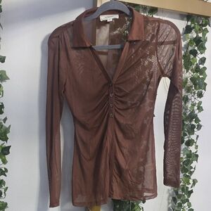 Chic Sheer Brown Button-Up Blouse